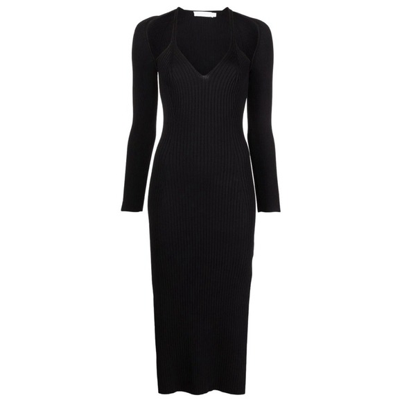 Jonathan Simkhai V-Neck Ribbed Stretchy Black Midi Dress Long Sleeve Cocktail - Picture 9 of 16